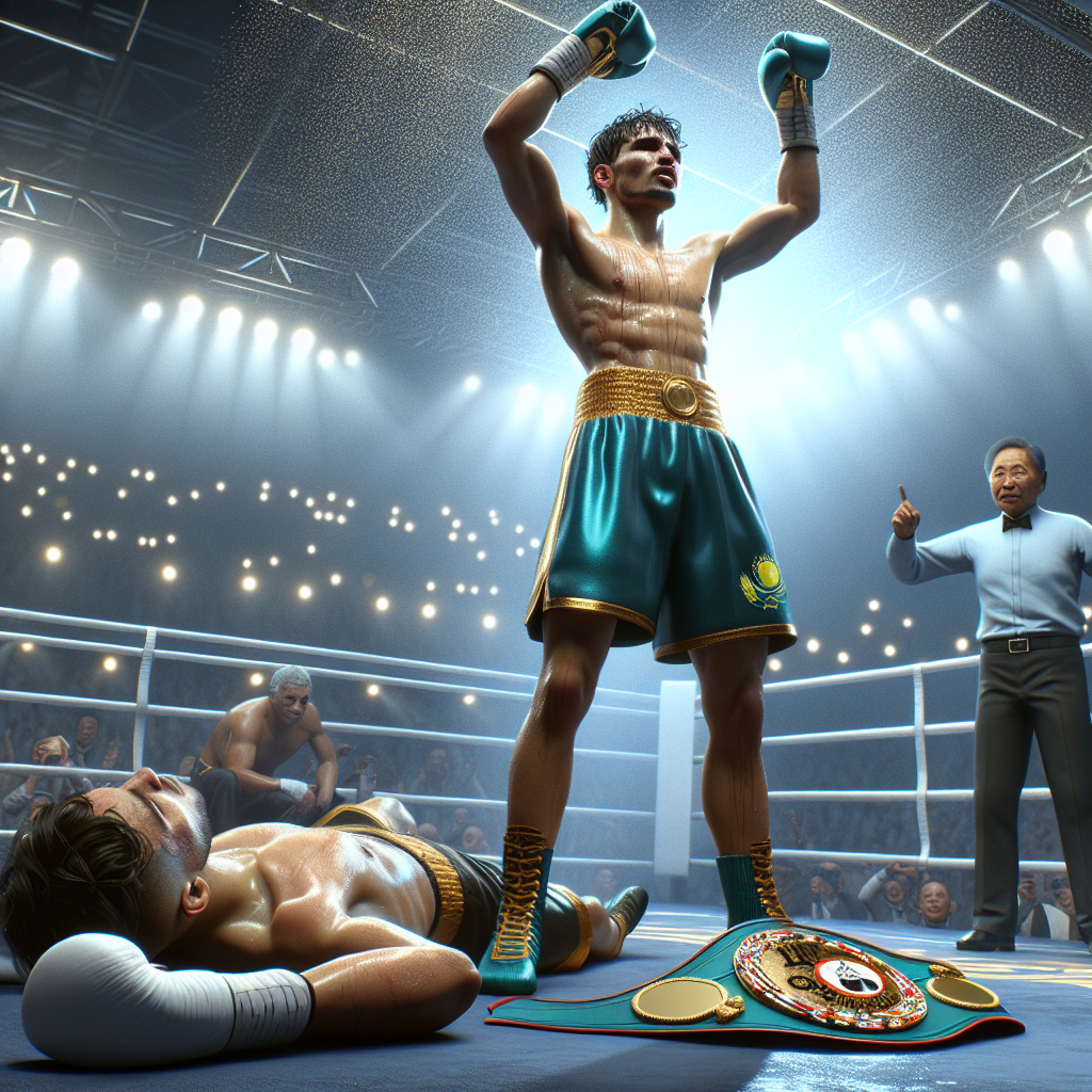 Zhanibek Alimkhanuly celebrates knockout world title defense in boxing ring, October 2025