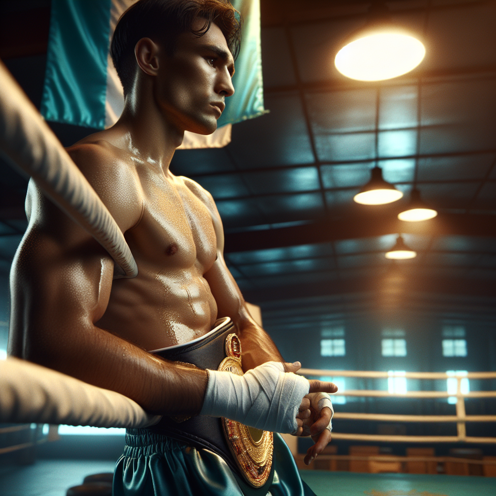 Жанибек Алимханулы после защиты титула, вдохновляющий портрет в боксерском зале для Казахстана